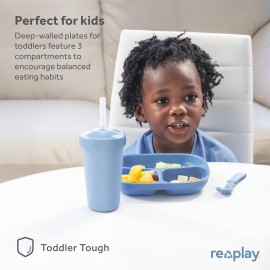 Re-Play Toddler Plates with Dividers - Deep-Walled 3 Compartments Divided Plates for Kids - Dishwasher & Microwave Safe - Made in USA - Set of 3-7.37 x 7.37 x 1.25 - A True Blue