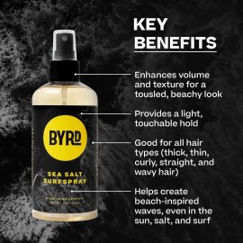 Byrd Sea Salt Surfspray, Salty Coconut Scent, Texturizing and Volumizing Sea Salt Spray for Men for Hydrated, Shiny Surfer Hair, Safe for All Hair Types, 8 Fl Oz