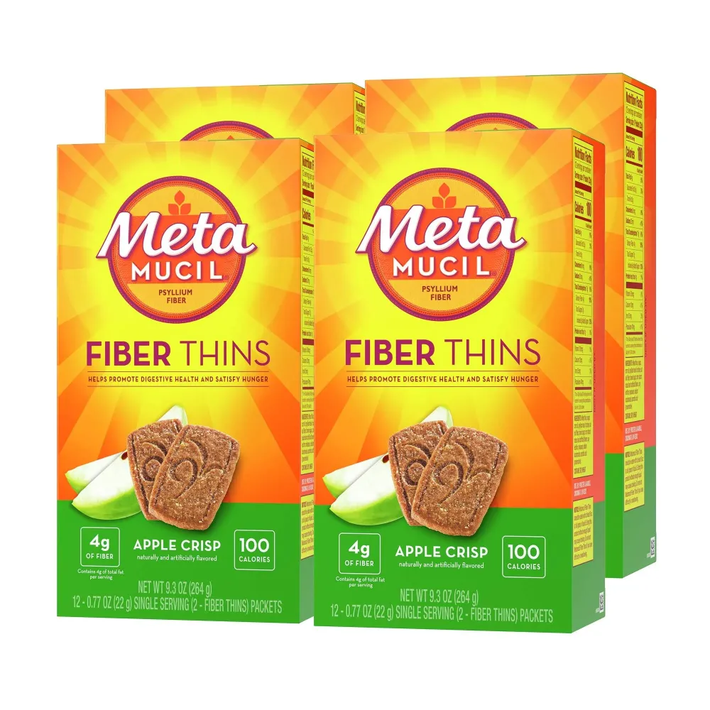 Metamucil, Fiber Thins, Daily Psyllium Husk Fiber Supplement, Supports Digestive Health and Satisfies Hunger, Apple Crisp Flavor, 48 Total Servings (4 Packs of 12) Metamucil, Fiber Thins, Daily Psyllium Husk Fiber Supplement, Supports Digestive Health and Satisfies Hunger, Apple Crisp Flavor, 48 Total Servings (4 Packs of 12)