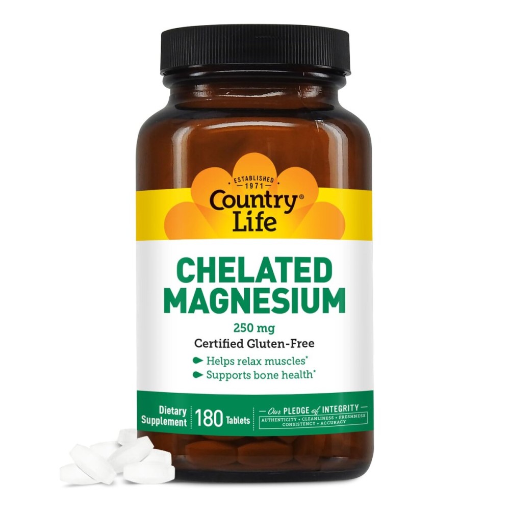 Country Life Chelated Magnesium 250mg - Supports Heart, Bone & Muscle Health, Vegan-Friendly Magnesium Supplement with Magnesium Oxide and Amino Acid Chelate, Gluten-Free