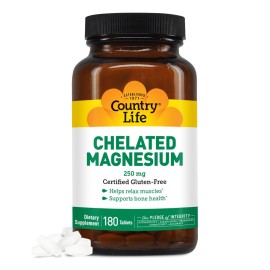 Country Life Chelated Magnesium 250mg - Supports Heart, Bone & Muscle Health, Vegan-Friendly Magnesium Supplement with Magnesium Oxide and Amino Acid Chelate, Gluten-Free