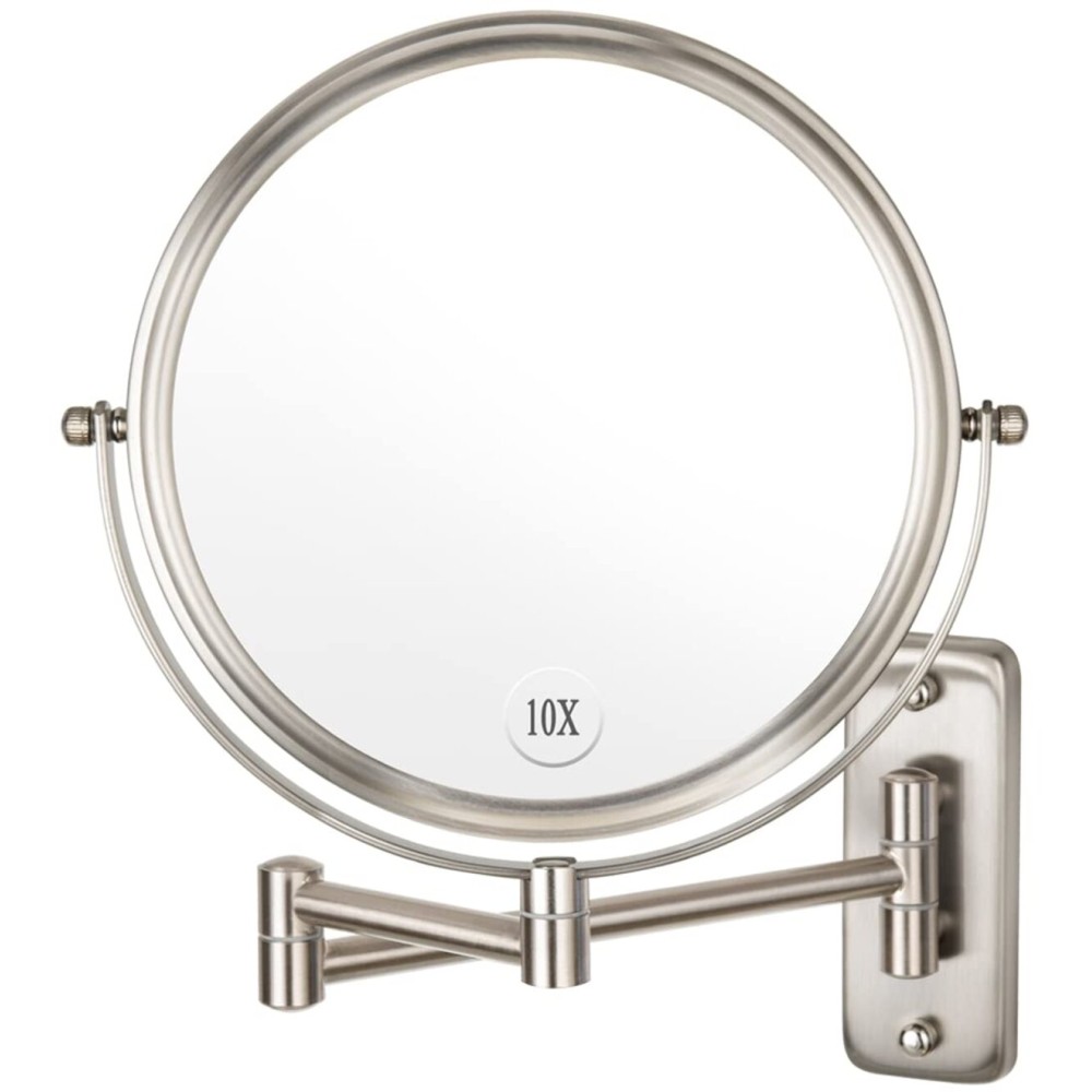 Wall Mounted Makeup Mirror - 10x Magnification 8\'\' Two-Sided Swivel Extendable Bathroom Mirror Nickel Finish Wall Mounted Makeup Mirror - 10x Magnification 8\'\' Two-Sided Swivel Extendable Bathroom Mirror Nickel Finish