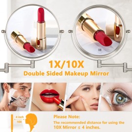 Wall Mounted Makeup Mirror - 10x Magnification 8\'\' Two-Sided Swivel Extendable Bathroom Mirror Nickel Finish Wall Mounted Makeup Mirror - 10x Magnification 8\'\' Two-Sided Swivel Extendable Bathroom Mirror Nickel Finish