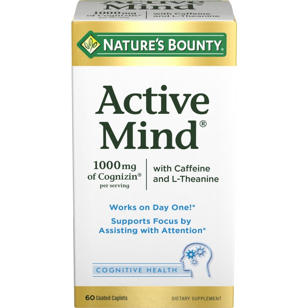 Nature\'s Bounty Active Mind Dietary Supplement, Supports Focus and Attention, 1000 mg Cognizin with L-Theanine and Caffeine Pills, 60 Caplets Nature\'s Bounty Active Mind Dietary Supplement, Supports Focus and Attention, 1000 mg Cognizin with L-Theanine and Caffeine Pills, 60 Caplets
