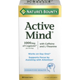 Nature\'s Bounty Active Mind Dietary Supplement, Supports Focus and Attention, 1000 mg Cognizin with L-Theanine and Caffeine Pills, 60 Caplets