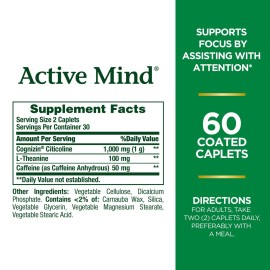 Nature\'s Bounty Active Mind Dietary Supplement, Supports Focus and Attention, 1000 mg Cognizin with L-Theanine and Caffeine Pills, 60 Caplets Nature\'s Bounty Active Mind Dietary Supplement, Supports Focus and Attention, 1000 mg Cognizin with L-Theanine and Caffeine Pills, 60 Caplets