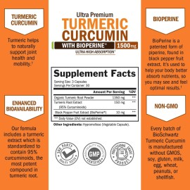 Turmeric Curcumin with Black Pepper Extract 1500mg - High Absorption Ultra Potent Turmeric Supplement with 95% Curcuminoids and BioPerine - Non GMO Tumeric Capsules for Joint Support - 90 Capsules Turmeric Curcumin with Black Pepper Extract 1500mg - High Absorption Ultra Potent Turmeric Supplement with 95% Curcuminoids and BioPerine - Non GMO Tumeric Capsules for Joint Support - 90 Capsules