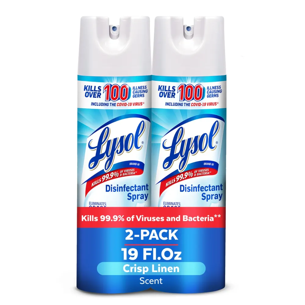 Lysol Disinfectant Spray, Household Essential Cleaning Supplies, Multi-Purpose Room Spray, Antibacterial Sanitizer Spray, Upholstery Deodorizer, Home and Bathroom, Crisp Linen,19 Fl Oz (Pack of 2) Lysol Disinfectant Spray, Household Essential Cleaning Supplies, Multi-Purpose Room Spray, Antibacterial Sanitizer Spray, Upholstery Deodorizer, Home and Bathroom, Crisp Linen,19 Fl Oz (Pack of 2)