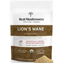 Real Mushrooms Lions Mane Powder - Organic Mushroom Extract for Cognitive Function Immune Support Brain Supplements Memory and Focus Vegan Supplement, 60 Servings