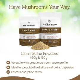 Real Mushrooms Lions Mane Powder - Organic Mushroom Extract for Cognitive Function Immune Support Brain Supplements Memory and Focus Vegan Supplement, 60 Servings Real Mushrooms Lions Mane Powder - Organic Mushroom Extract for Cognitive Function Immune Support Brain Supplements Memory and Focus Vegan Supplement, 60 Servings