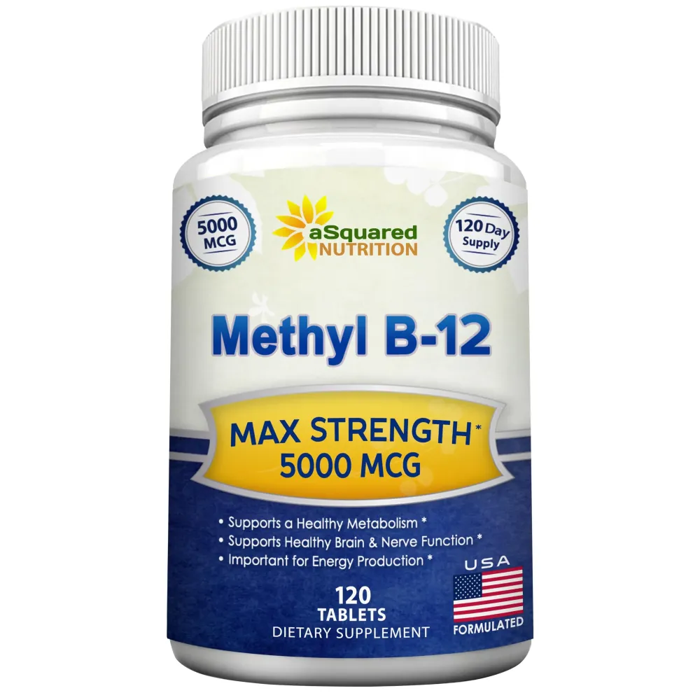 aSquared Nutrition Vitamin B12-5000 MCG Supplement with Methylcobalamin (Methyl B-12) - Max Strength Vitamin B 12 Support to Help Boost Natural Energy, Benefit Brain & Heart Function - 120 Tablets aSquared Nutrition Vitamin B12-5000 MCG Supplement with Methylcobalamin (Methyl B-12) - Max Strength Vitamin B 12 Support to Help Boost Natural Energy, Benefit Brain & Heart Function - 120 Tablets
