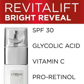 L\'Oral Paris Revitalift Bright Reveal Anti-Aging Day Cream with SPF 30 with Glycolic Acid, Vitamin C & Pro-Retinol, Reduce Wrinkles 1 fl. oz.