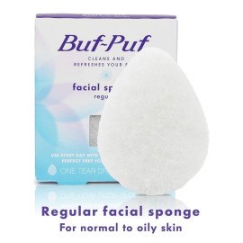 Buf-Puf Regular Facial Sponge, Dermatologist Developed, Removes Deep Down Dirt & Makeup that Causes Breakouts and Blackheads, Reusable, Exfoliating, White, 1 Count