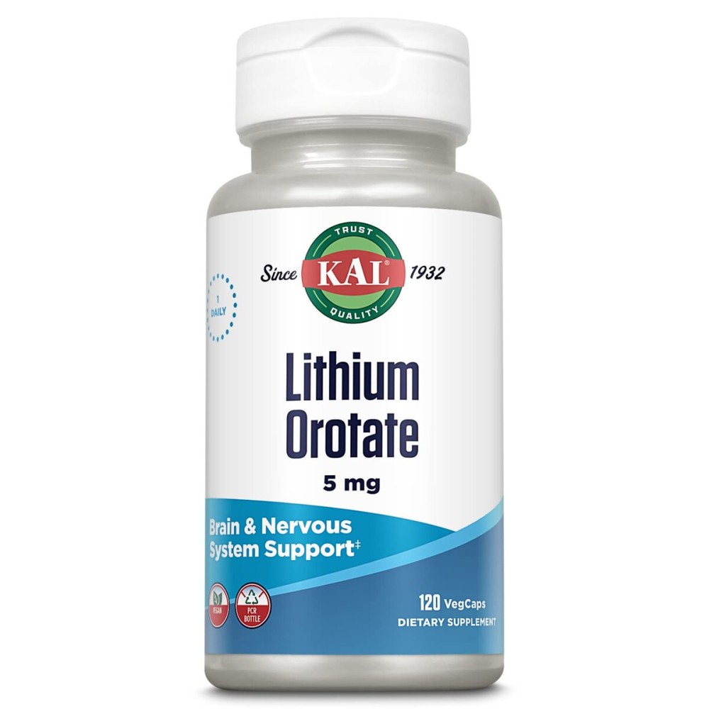 KAL Lithium Orotate 5 milligrams | Low Serving Of Chelated Lithium Orotate For Bioavailability and Mood Support | In Organic Rice Bran Extract Base | 120 VegCaps KAL Lithium Orotate 5 milligrams | Low Serving Of Chelated Lithium Orotate For Bioavailability and Mood Support | In Organic Rice Bran Extract Base | 120 VegCaps