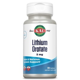 KAL Lithium Orotate 5 milligrams | Low Serving Of Chelated Lithium Orotate For Bioavailability and Mood Support | In Organic Rice Bran Extract Base | 120 VegCaps
