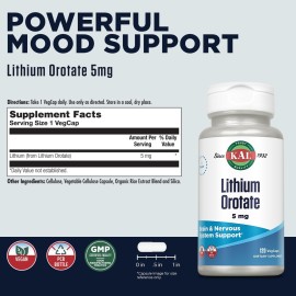 KAL Lithium Orotate 5 milligrams | Low Serving Of Chelated Lithium Orotate For Bioavailability and Mood Support | In Organic Rice Bran Extract Base | 120 VegCaps KAL Lithium Orotate 5 milligrams | Low Serving Of Chelated Lithium Orotate For Bioavailability and Mood Support | In Organic Rice Bran Extract Base | 120 VegCaps