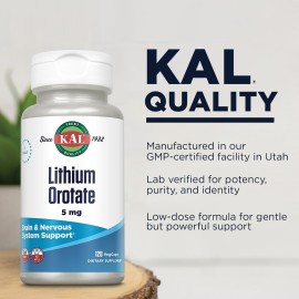 KAL Lithium Orotate 5 milligrams | Low Serving Of Chelated Lithium Orotate For Bioavailability and Mood Support | In Organic Rice Bran Extract Base | 120 VegCaps KAL Lithium Orotate 5 milligrams | Low Serving Of Chelated Lithium Orotate For Bioavailability and Mood Support | In Organic Rice Bran Extract Base | 120 VegCaps