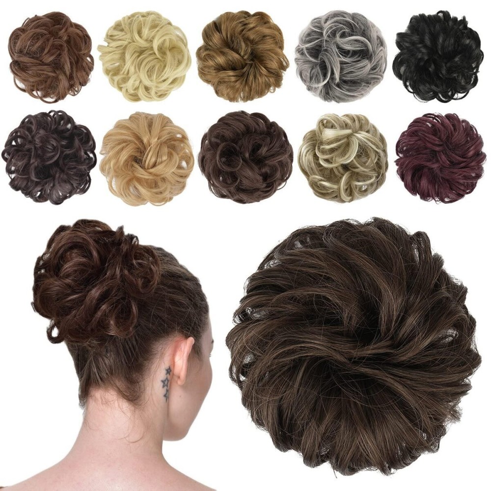 FESHFEN Messy Bun Hair Piece - Elastic Wavy Curly Hair Bun Scrunchies Extensions Synthetic Chignon Hairpieces for Women Girls, Dark Brown & Light Auburn Mixed 1 PCS
