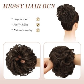 FESHFEN Messy Bun Hair Piece - Elastic Wavy Curly Hair Bun Scrunchies Extensions Synthetic Chignon Hairpieces for Women Girls, Dark Brown & Light Auburn Mixed 1 PCS