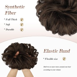 FESHFEN Messy Bun Hair Piece - Elastic Wavy Curly Hair Bun Scrunchies Extensions Synthetic Chignon Hairpieces for Women Girls, Dark Brown & Light Auburn Mixed 1 PCS