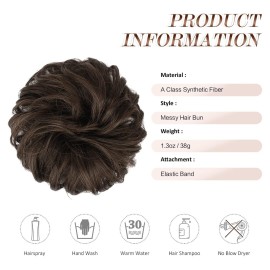 FESHFEN Messy Bun Hair Piece - Elastic Wavy Curly Hair Bun Scrunchies Extensions Synthetic Chignon Hairpieces for Women Girls, Dark Brown & Light Auburn Mixed 1 PCS