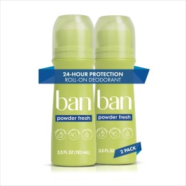Ban Invisible Roll-on Antiperspirant Deodorant for Women and Men, 24-hour Underarm Odor & Sweat Protection, Powder Fresh, 3.5 Oz, Pack of 2