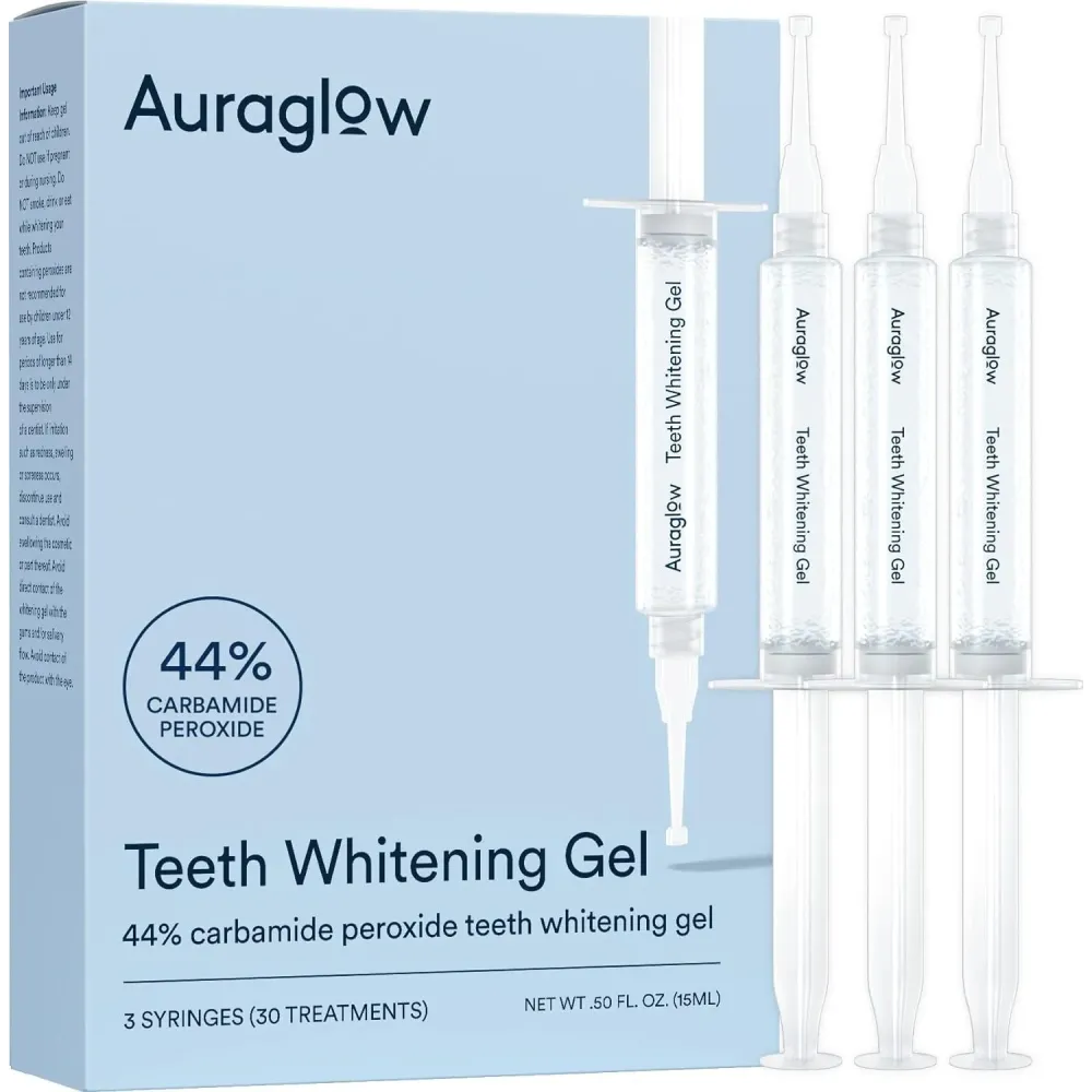 Auraglow 44% Teeth Whitening Gel Syringe Refill Pack, 44% Carbamide Peroxide, (3X) 5ml Syringes, 30 Whitening Treatments Auraglow 44% Teeth Whitening Gel Syringe Refill Pack, 44% Carbamide Peroxide, (3X) 5ml Syringes, 30 Whitening Treatments