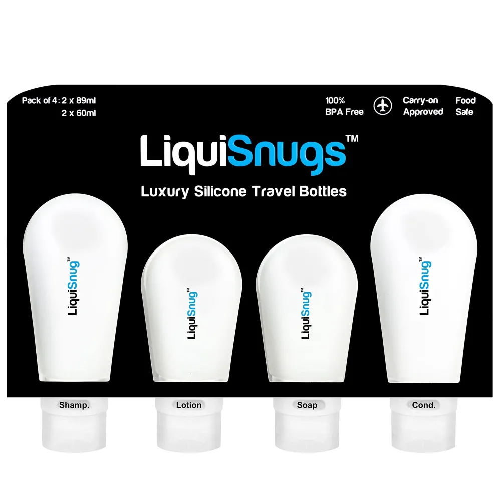 LiquiSnugs Premium - 100% Guaranteed Leak Proof Silicone Travel Bottles For Toiletries - TSA Approved Container. Premium Range Travel Shampoo Bottles with Suction Cups and Adjustable Labels LiquiSnugs Premium - 100% Guaranteed Leak Proof Silicone Travel Bottles For Toiletries - TSA Approved Container. Premium Range Travel Shampoo Bottles with Suction Cups and Adjustable Labels