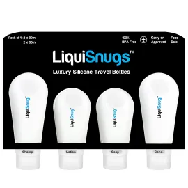 LiquiSnugs Premium - 100% Guaranteed Leak Proof Silicone Travel Bottles For Toiletries - TSA Approved Container. Premium Range Travel Shampoo Bottles with Suction Cups and Adjustable Labels