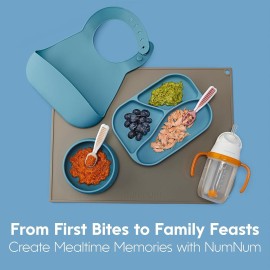 NumNum Baby Spoons Set, Baby Essentials Pre-Spoon GOOtensils for 6+ Months, First Stage Self-Feeding Spoons for Baby Led Weaning (BLW), Silicone Toddler Utensils, BPA-Free, 2 Pack Blue/Orange