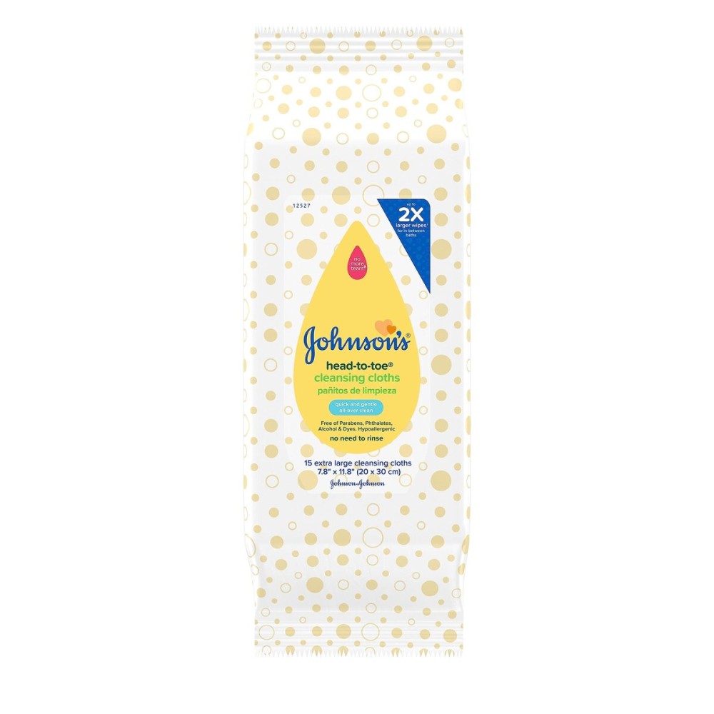 Johnson\'s Head-to-Toe Gentle Baby Cleansing Cloths, Hypoallergenic and Pre-Moistened Baby Bath Wipes, Free of Parabens, Phthalates, Alcohol, Dyes and Soap, 15 ct Johnson\'s Head-to-Toe Gentle Baby Cleansing Cloths, Hypoallergenic and Pre-Moistened Baby Bath Wipes, Free of Parabens, Phthalates, Alcohol, Dyes and Soap, 15 ct