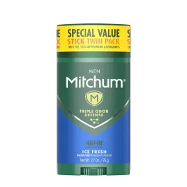 Mitchum Men\'s Deodorant, Antiperspirant Stick, Triple Odor Defense Invisible Solid, 48 Hr Protection, Dermatologist Tested, Ice Fresh, 2.7 Oz (Pack of 2)