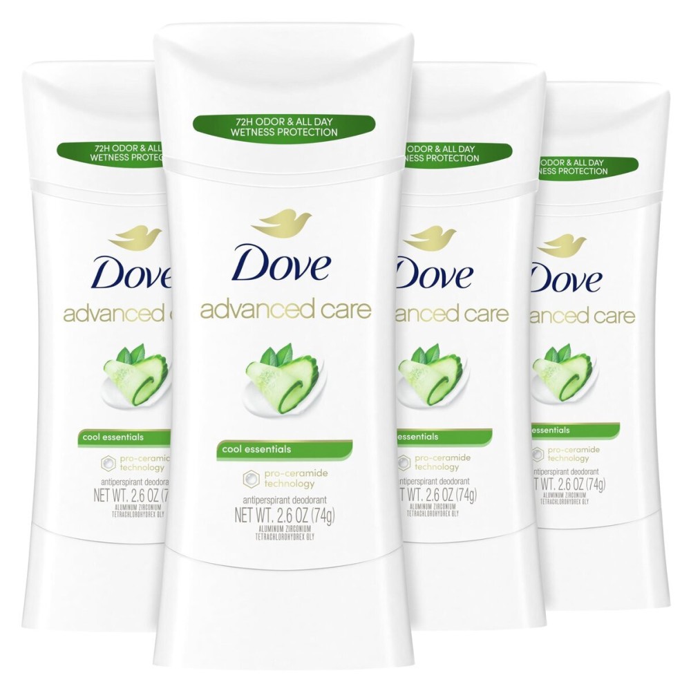 Dove Advanced Care Antiperspirant Deodorant Stick Cool Essentials 4 ct for helping your skin barrier repair after shaving 72 hour odor control and sweat protection with Pro Ceramide Technology 2.6 oz Dove Advanced Care Antiperspirant Deodorant Stick Cool Essentials 4 ct for helping your skin barrier repair after shaving 72 hour odor control and sweat protection with Pro Ceramide Technology 2.6 oz