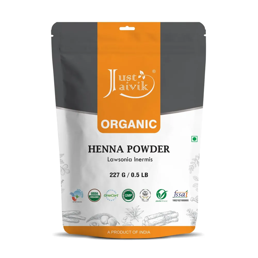 Just Jaivik Henna Powder (Lawsonia Inermis) for Hair - 100% Natural, USDA Certified Organic by OneCert Asia, No Chemicals or Additives, 227 Gms / 0.5 LB/ 8 Oz Just Jaivik Henna Powder (Lawsonia Inermis) for Hair - 100% Natural, USDA Certified Organic by OneCert Asia, No Chemicals or Additives, 227 Gms / 0.5 LB/ 8 Oz
