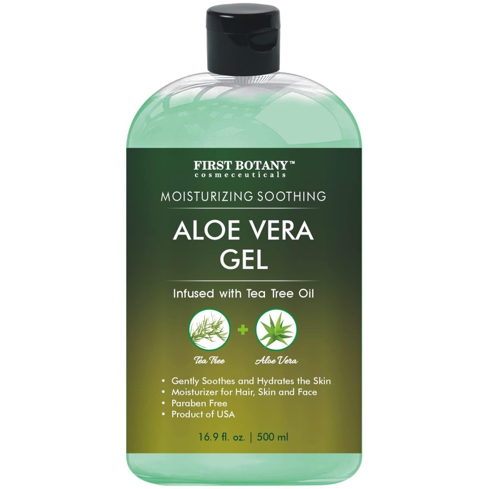 First Botany, Aloe Vera Gel from 100 Percent Pure Aloe Infused with Tea Tree Oil - Natural Raw Moisturizer for Hand Sanitizing Gel, Skin Care, Hair Care, Sunburn, Acne & Eczema -16.9 fl oz | 500 ml First Botany, Aloe Vera Gel from 100 Percent Pure Aloe Infused with Tea Tree Oil - Natural Raw Moisturizer for Hand Sanitizing Gel, Skin Care, Hair Care, Sunburn, Acne & Eczema -16.9 fl oz | 500 ml