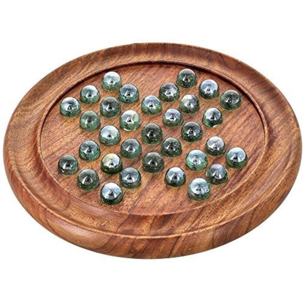 Marble Solitaire Board Game 9\' Classic Wooden Holiday Indoor Brain Game Set with 33 Glass Balls Pegs