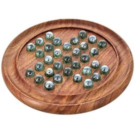 Marble Solitaire Board Game 9\' Classic Wooden Holiday Indoor Brain Game Set with 33 Glass Balls Pegs