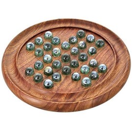 Marble Solitaire Board Game 9\' Classic Wooden Holiday Indoor Brain Game Set with 33 Glass Balls Pegs