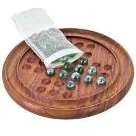 Marble Solitaire Board Game 9\' Classic Wooden Holiday Indoor Brain Game Set with 33 Glass Balls Pegs