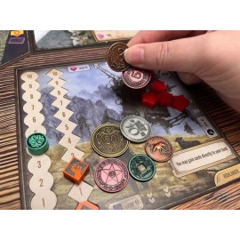 Stonemaier Games: Metal Coins (Scythe and Expeditions) | Metal Coins to Enhance Your Gameplay | 80 Coins with Unique Colors and Sides for Each Denomination - Values Include 1, 3, 5,10, and 20