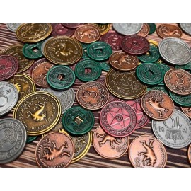Stonemaier Games: Metal Coins (Scythe and Expeditions) | Metal Coins to Enhance Your Gameplay | 80 Coins with Unique Colors and Sides for Each Denomination - Values Include 1, 3, 5,10, and 20