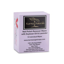 Karma Organic Natural Nail Polish Remover Wipes with Soybean and Lavender Oil, 100% Soy Based, Non-Toxic, Vegan, Cruelty-Free - Pack of 10