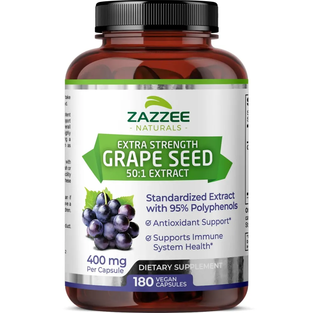 Zazzee High Strength Grape Seed 50:1 Extract, 180 Vegan Capsules, 95% Polyphenols, 400 mg per Capsule, 6 Month Supply, Standardized and Concentrated 50X Extract, Non-GMO, Made in The USA Zazzee High Strength Grape Seed 50:1 Extract, 180 Vegan Capsules, 95% Polyphenols, 400 mg per Capsule, 6 Month Supply, Standardized and Concentrated 50X Extract, Non-GMO, Made in The USA