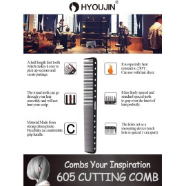 HYOUJIN 605 Black Carbon Fine Cutting Comb - 230C Heat Resistant Master Barber Comb with Fine Teeth - 14 Holes for Cutting and Hairstyling HYOUJIN 605 Black Carbon Fine Cutting Comb - 230C Heat Resistant Master Barber Comb with Fine Teeth - 14 Holes for Cutting and Hairstyling
