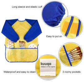 KUUQA Childrens Kids Toddler Waterproof Play Apron Art Smock with 3 Roomy Pockets - Painting, Baking, Feeding Smock - Age 2-4 years (Paints and Brushes not included)