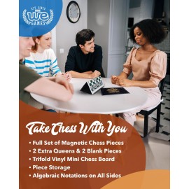 WE Games Mini Magnetic Travel Chess Set - 6-Inch Foldable Board with Durable Vinyl Pieces & Extra Queens- Indoor & Outdoor Magnetic Chess Game - Gold Logo