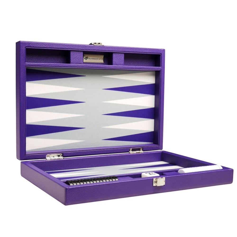 13-inch Premium Travel Backgammon Set - Purple Board, Grey Field, White and Purple Points 13-inch Premium Travel Backgammon Set - Purple Board, Grey Field, White and Purple Points