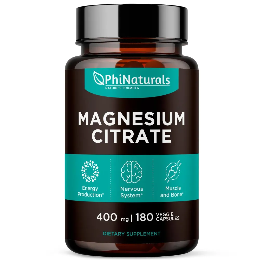 Magnesium Citrate Powder Capsules 400mg - 180 Count Veg Caps - PhiNaturals Supplements - Nervous System Support and Enzyme Function Magnesium Citrate Powder Capsules 400mg - 180 Count Veg Caps - PhiNaturals Supplements - Nervous System Support and Enzyme Function