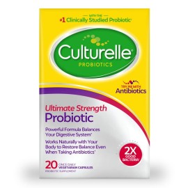 Culturelle Ultimate Strength Probiotic for Men and Women, Most Clinically Studied Probiotic Strain, 20 Billion CFUs, Supports Occasional Diarrhea, Gas & Bloating, Non-GMO, 20 Count Culturelle Ultimate Strength Probiotic for Men and Women, Most Clinically Studied Probiotic Strain, 20 Billion CFUs, Supports Occasional Diarrhea, Gas & Bloating, Non-GMO, 20 Count