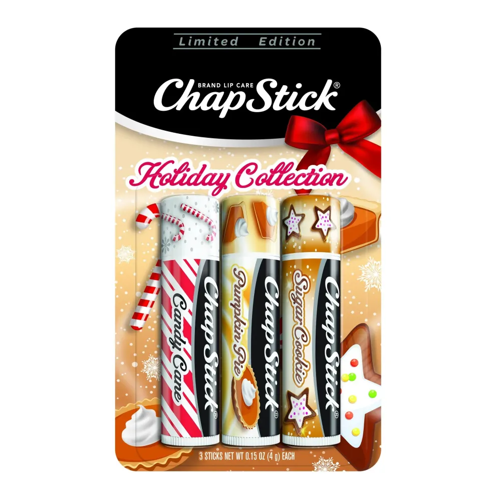 ChapStick Holiday Collection, Lip Balm Tube, 0.15 Ounce Each (Candy Cane, Pumpkin Pie & Sugar Cookie Flavors, 1 Blister Pack of 3 Sticks, Great Gifts for Women ChapStick Holiday Collection, Lip Balm Tube, 0.15 Ounce Each (Candy Cane, Pumpkin Pie & Sugar Cookie Flavors, 1 Blister Pack of 3 Sticks, Great Gifts for Women